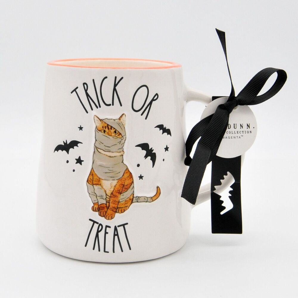 Rae Dunn Halloween Cat Mummy Mug, Trick Or Treat, Black Bats, 16oz Ceramic, New